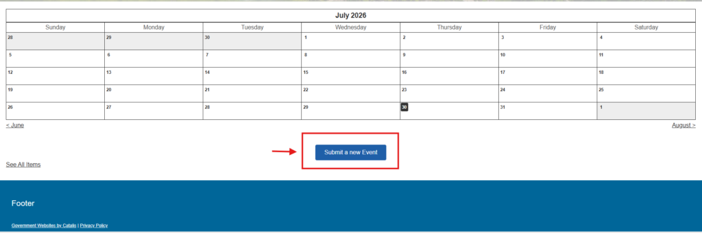 Image showcasing an empty calendar with a submit a new event button. The button is enclosed in a red box to showcase the new feature