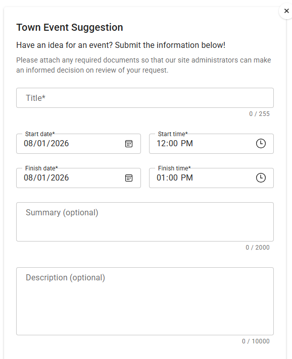 A calendar suggestion form showcasing a start and end date and time alongside a summary and description.