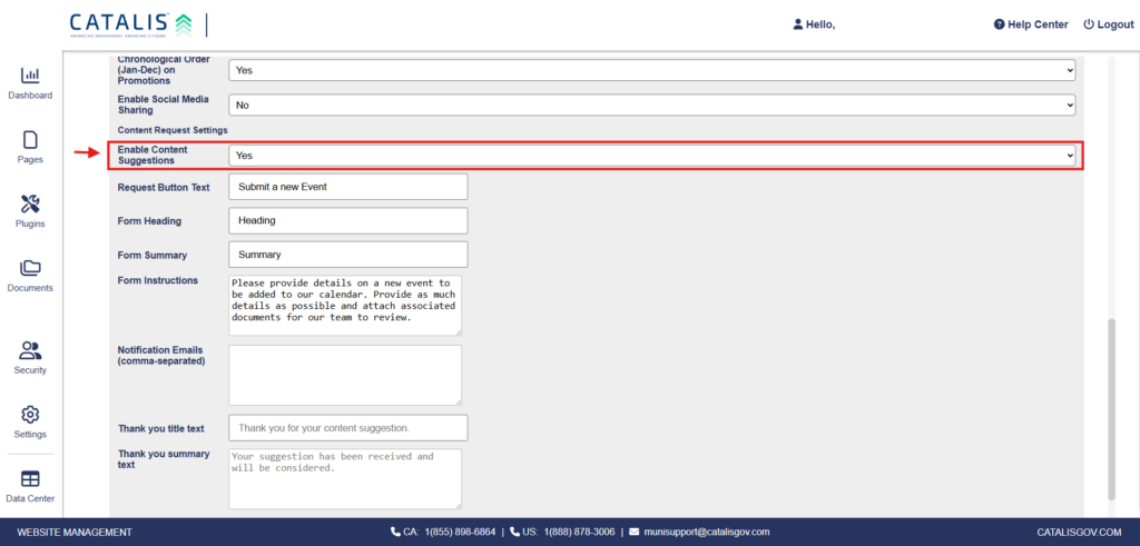 Image displaying the content suggestions enablement feature. A red box encloses the input that turns on the feature.