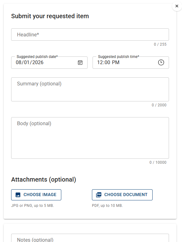A notice suggestion form showcasing a publish date and time suggestion alongside a summary, description, and attachment input.