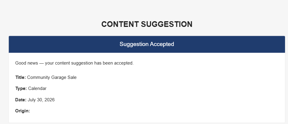 An email Notification showcasing the accepted decision on a user's suggestion.