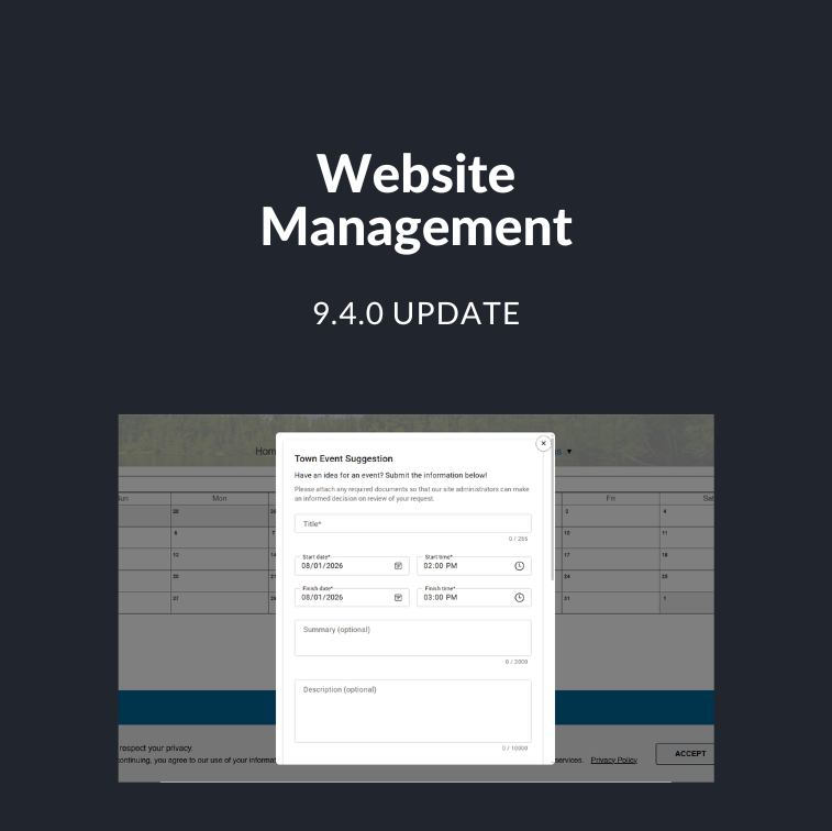 Website Management Release 9.4.0 Title card showcasing the new suggestion form