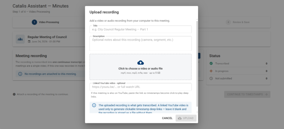 Catalis Assistant Popup screen to allow for uploading a Youtube or Audio recording file.