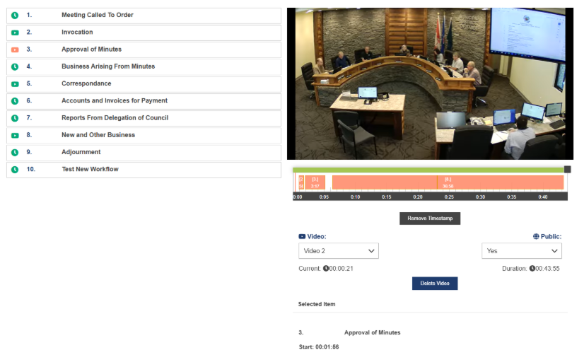 Video Manager showing timestamps mapped back to the original video.