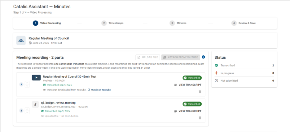 Catalis Assistant Showcasing 2 uploaded videos, a recording and a youtube file with an attached link. The image shows both are transcribed.