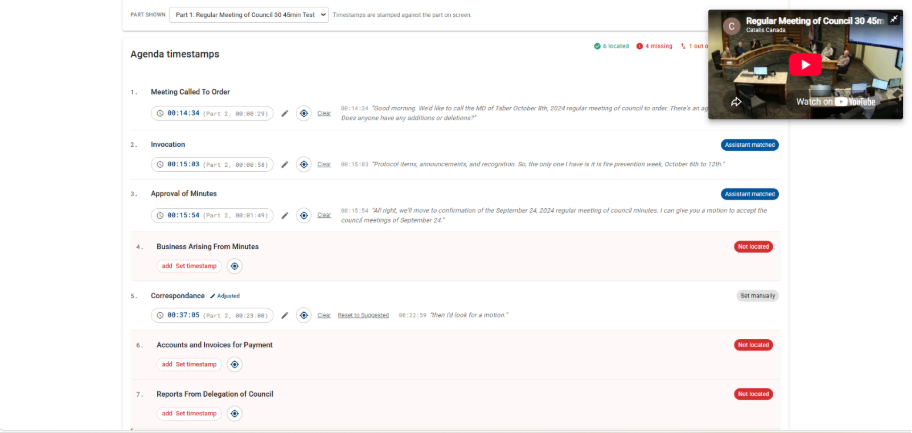 Timestamping feature matching agenda items to a corresponding AI suggested timestamp.