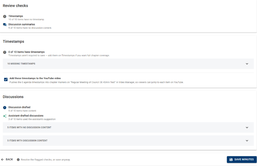 Image showcasing the review and save step that indicates how many discussions were accepted, how many missing discussions, and items that have timestamps.