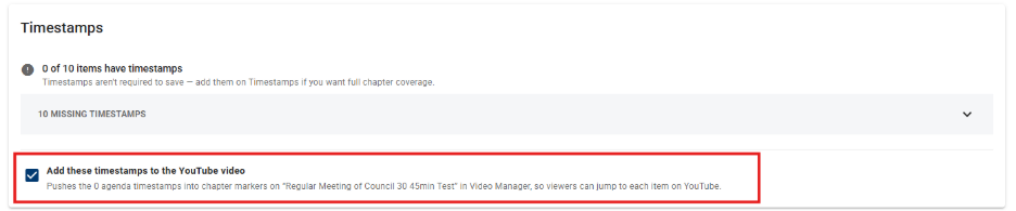 A red box outlining how to add Youtube timestamps to the legacy video manager