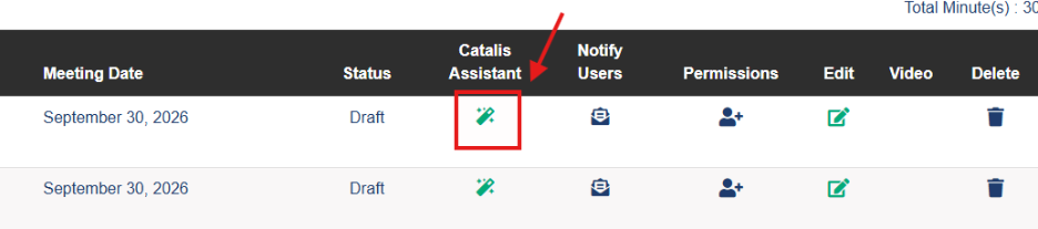 Catalis Assistant Button for Meeting Management showcasing where to click